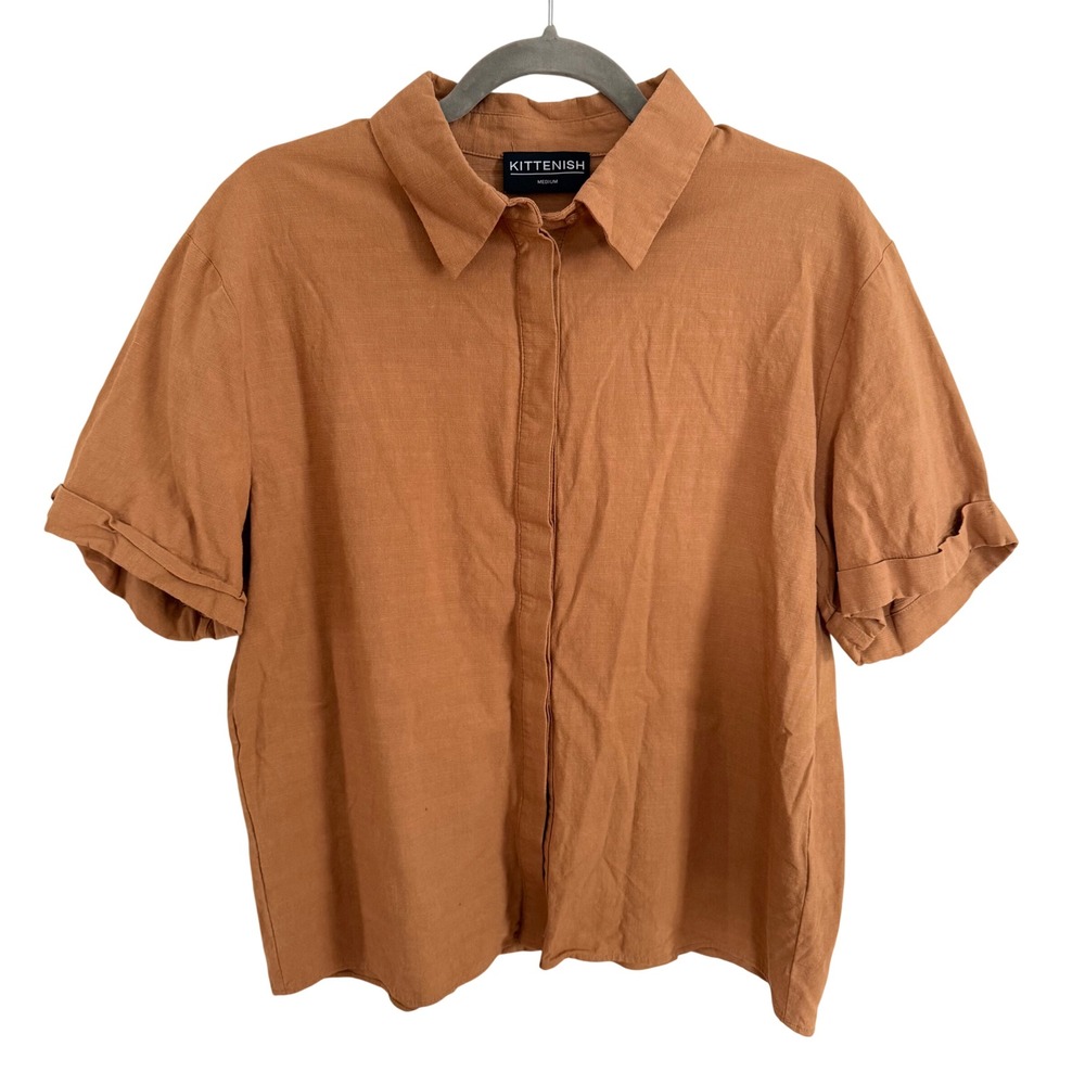 Kittenish Brown Button Down‎ Shirt Medium Boho Beach Resort Western Cowboy